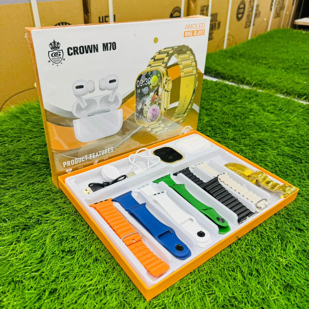 🔥 CROWN M70 AMOLED Smart Watch 7 Step and 1 Airbuds – Premium Gift Set 🔥