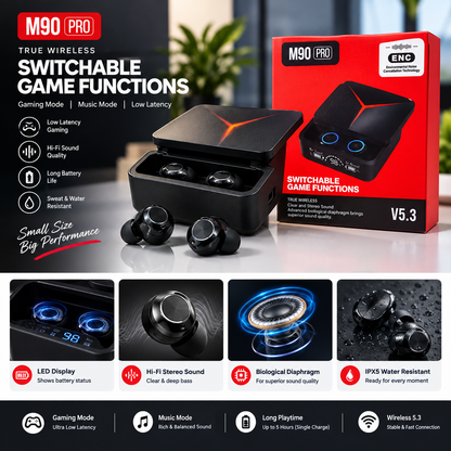M90 Pro True Wireless Gaming Earbuds with Dual LED Display & ENC