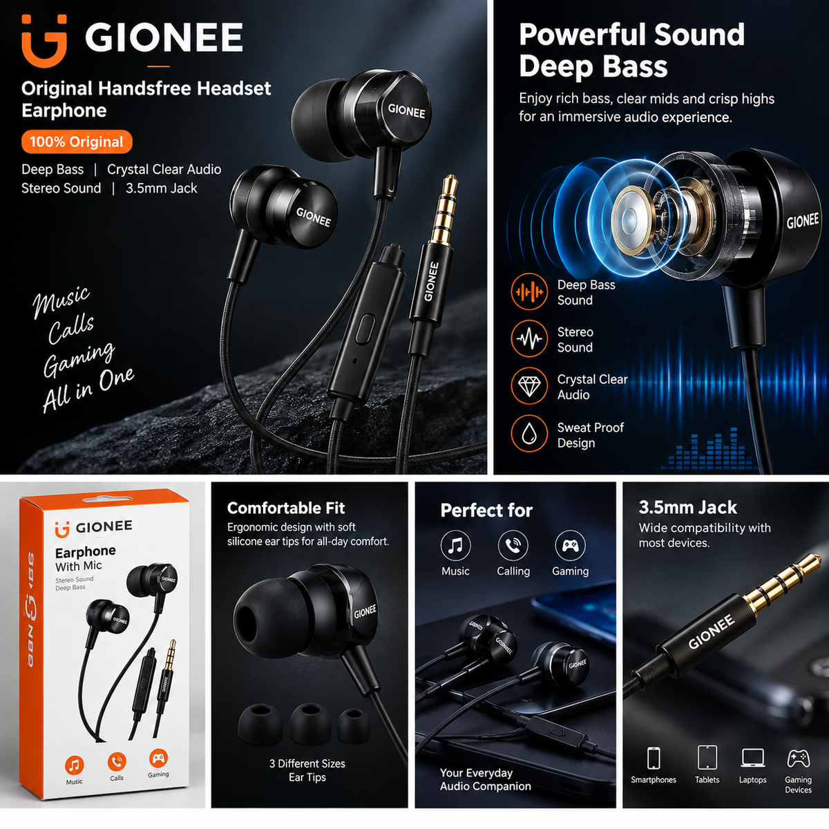 Gionee Original Wired Handsfree Earphones with Mic – Deep Bass Stereo Sound, 3.5mm Jack