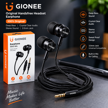 Gionee Original Wired Handsfree Earphones with Mic – Deep Bass Stereo Sound, 3.5mm Jack