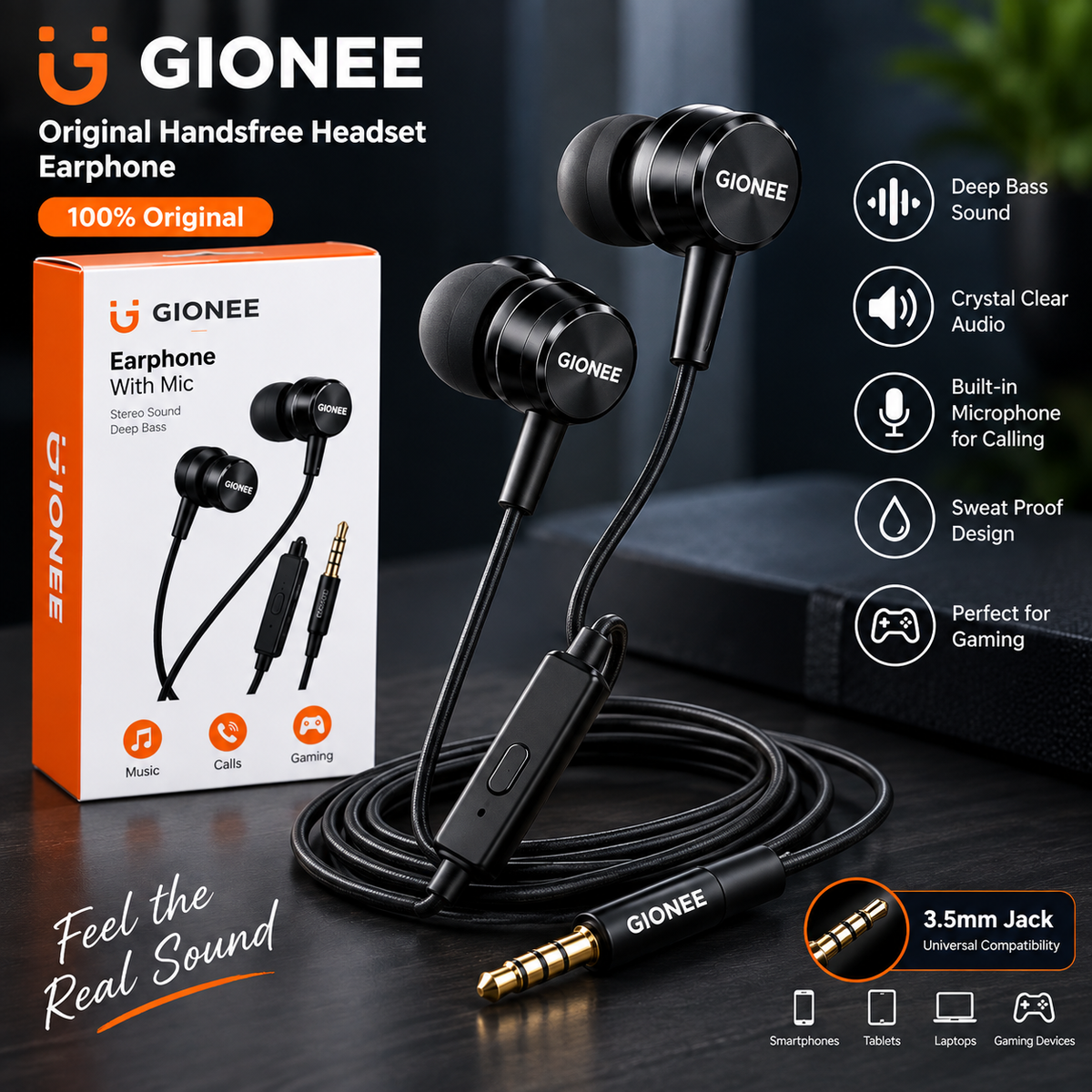 Gionee Original Wired Handsfree Earphones with Mic – Deep Bass Stereo Sound, 3.5mm Jack