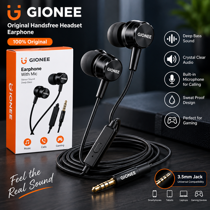 Gionee Original Wired Handsfree Earphones with Mic – Deep Bass Stereo Sound, 3.5mm Jack