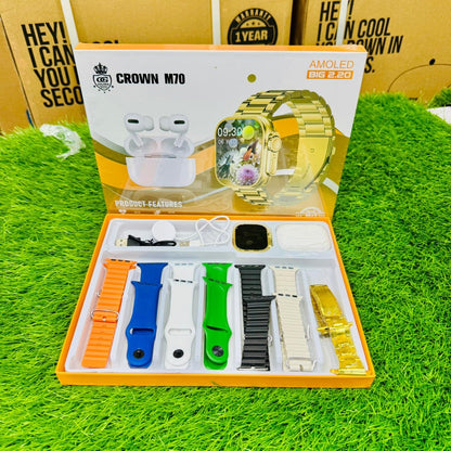 🔥 CROWN M70 AMOLED Smart Watch 7 Step and 1 Airbuds – Premium Gift Set 🔥