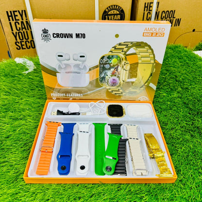 🔥 CROWN M70 AMOLED Smart Watch 7 Step and 1 Airbuds – Premium Gift Set 🔥