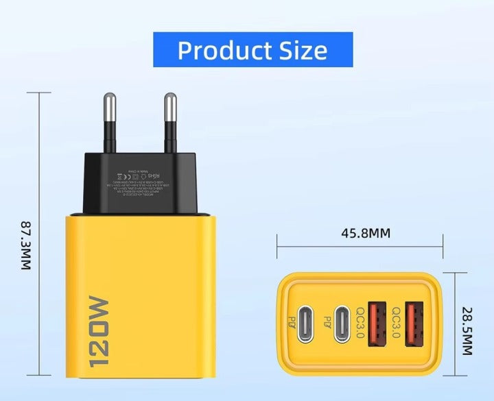 120W Fast Charger | USB-C PD QC3.0 | 4-port Adapter (2 Type-C+2 USB)